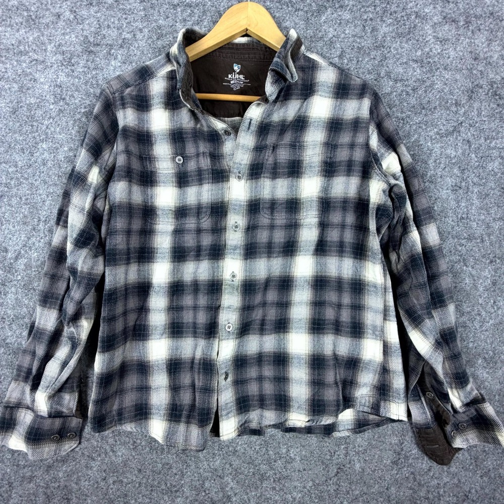 KÜHL Shirt Mens Medium Gray Plaid Double Chest Pockets Hiking Button Up Outdoor